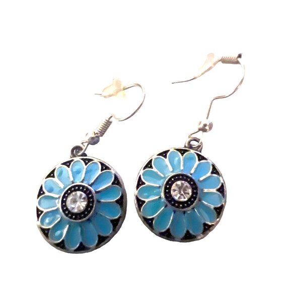 Vintage Pierced Earrings Blue Drop Dangle Crystal Floral Enamel Silver Tone - Picture 1 of 6